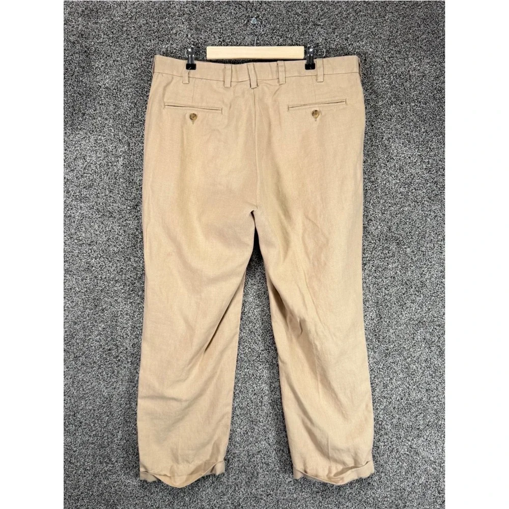 Jos A Bank Pants Mens 38/29 Tan 100% Linen Pleated Cuffed Traveler Collection